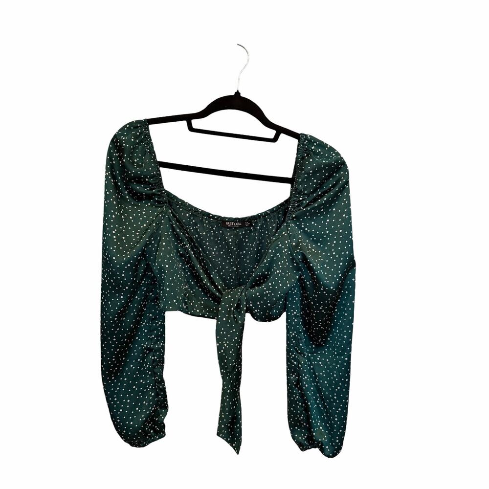 NWT Nasty Gal Green Polka Dot Satin Two Piece Set Crop Top & Wide Leg Pants - Picture 7 of 10